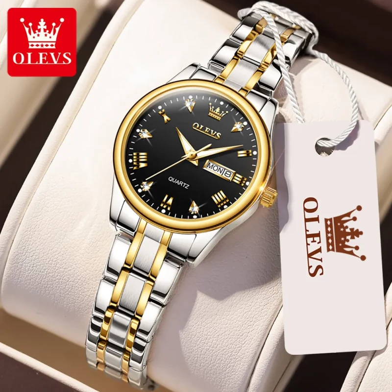 Olevs Day-Date Two-Tone Black Dial Ladies Watch | 5563